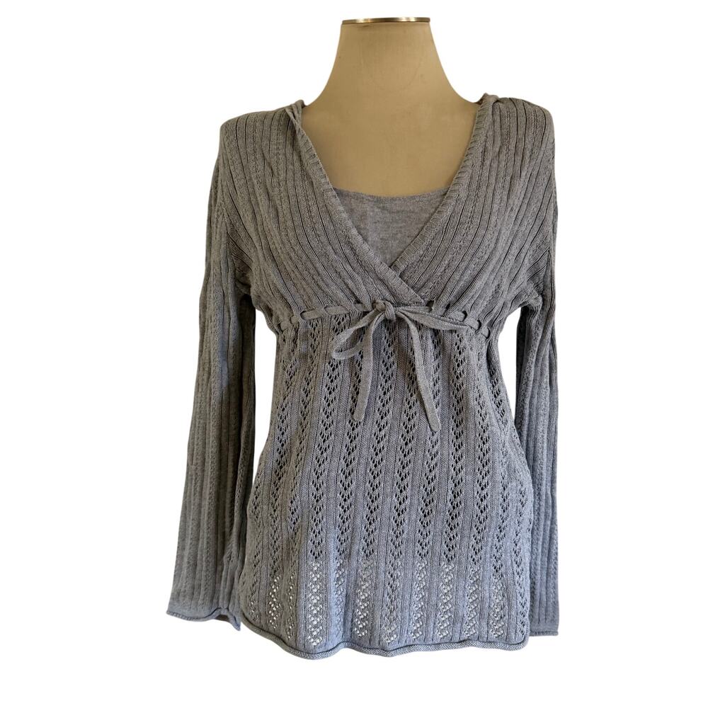 Vtg Y2K 2000s Gray Cable Knit Hooded Baby Doll Sweater XL Preppy